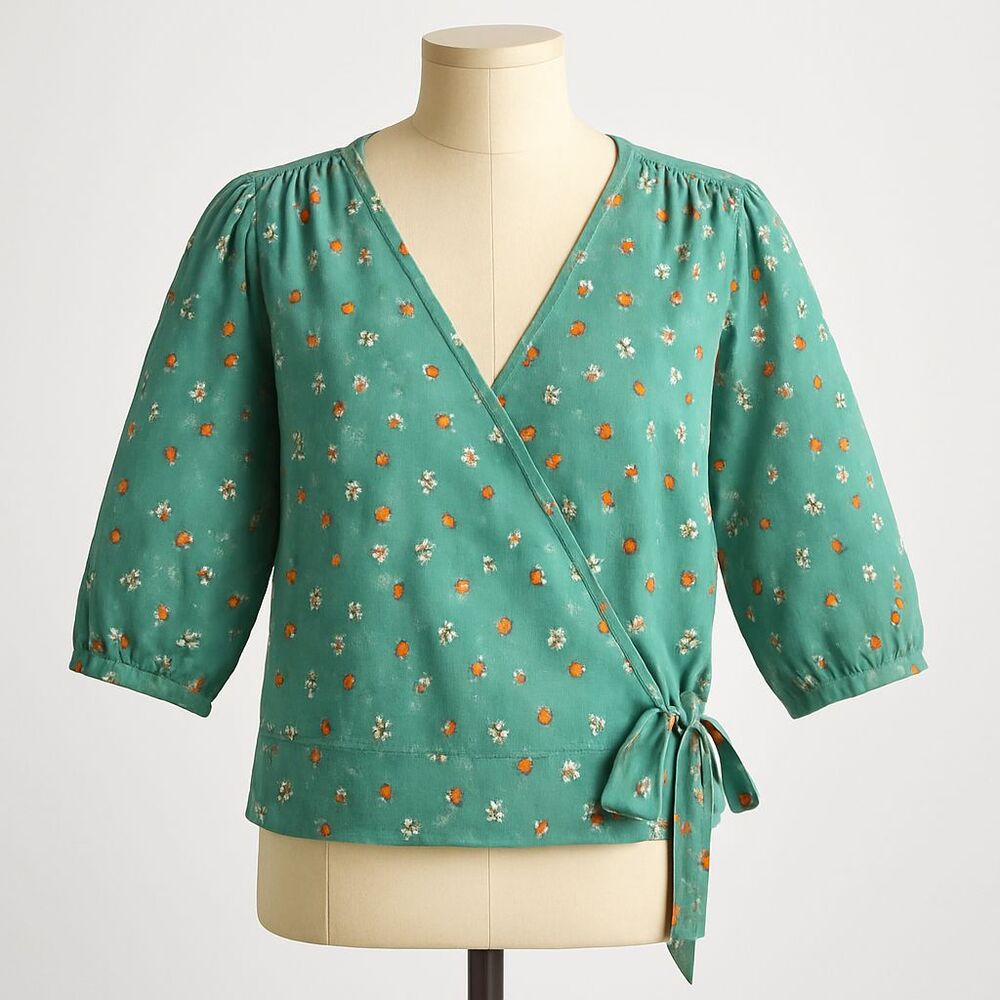 A.N.A Linen Green LargeFloral Wrap Blouse Women’s 3/4 Sleeve Spring St Patrick’s